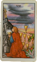 ///////eight of Cups Connoly Deck (US Games) aseeker holding a glowing cup looks to heaven